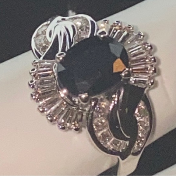 Diamond Sapphire Ring “Marquise”Baguettes & Round Diamonds new 14K Solid Gold - Picture 4 of 9